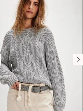 Free People Frankie Cable knit silver sconce Knit Balloon Sleeve Cotton Sweater
